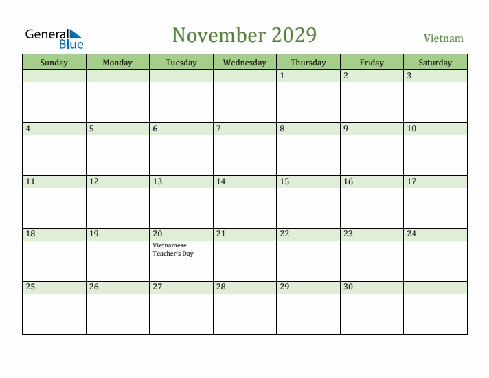 November 2029 Calendar with Vietnam Holidays