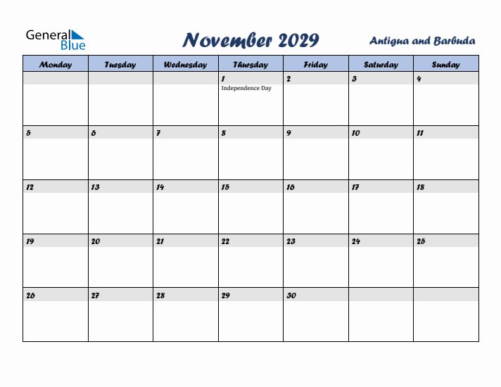 November 2029 Calendar with Holidays in Antigua and Barbuda