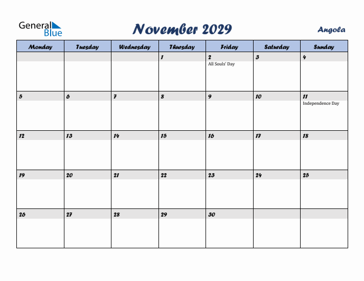 November 2029 Calendar with Holidays in Angola