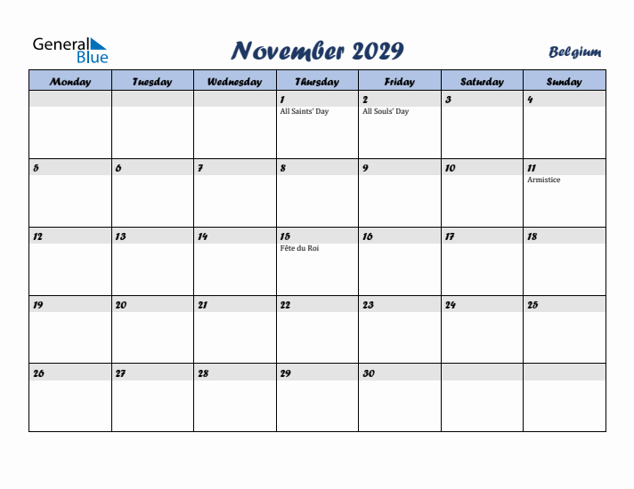 November 2029 Calendar with Holidays in Belgium