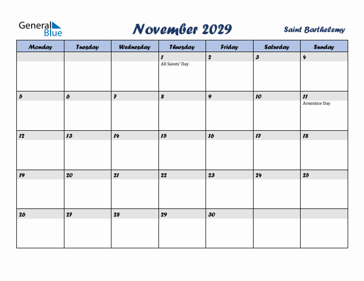 November 2029 Calendar with Holidays in Saint Barthelemy