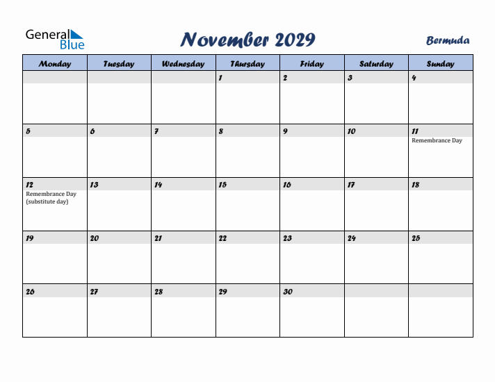 November 2029 Calendar with Holidays in Bermuda