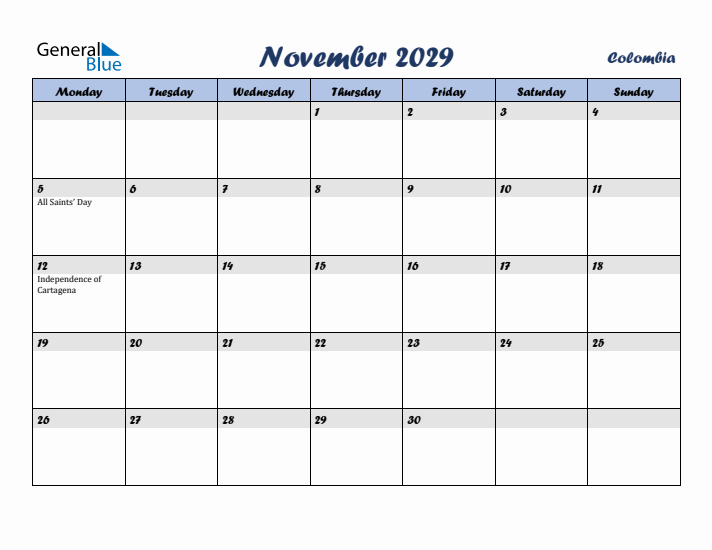 November 2029 Calendar with Holidays in Colombia