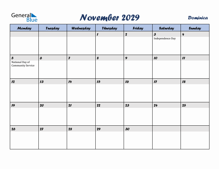 November 2029 Calendar with Holidays in Dominica