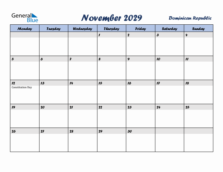 November 2029 Calendar with Holidays in Dominican Republic
