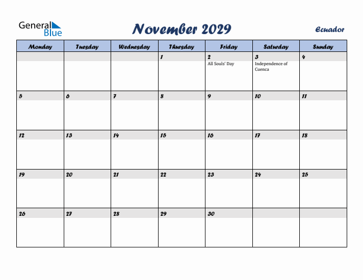 November 2029 Calendar with Holidays in Ecuador
