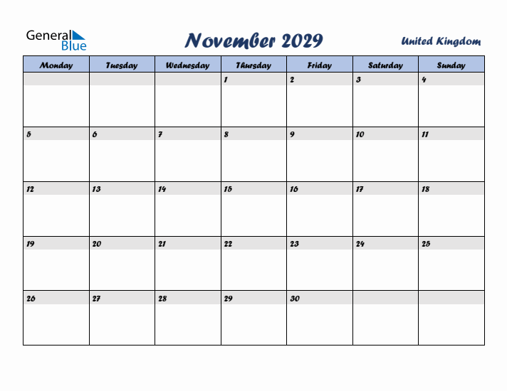 November 2029 Calendar with Holidays in United Kingdom