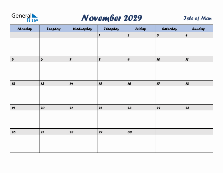 November 2029 Calendar with Holidays in Isle of Man