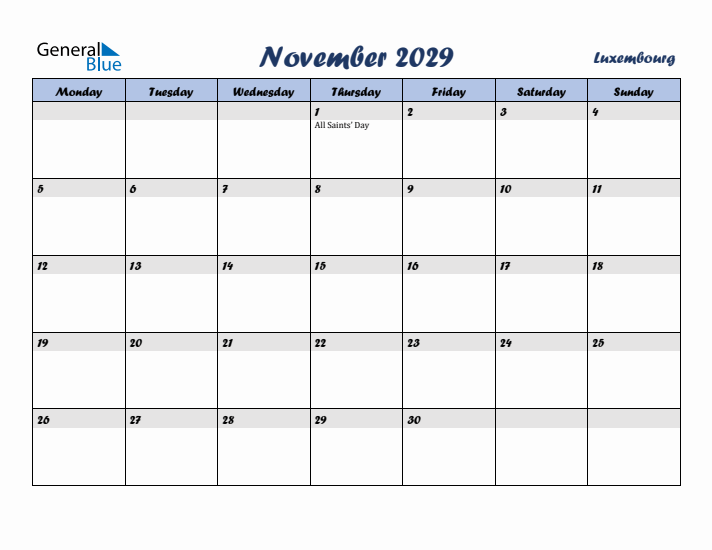 November 2029 Calendar with Holidays in Luxembourg
