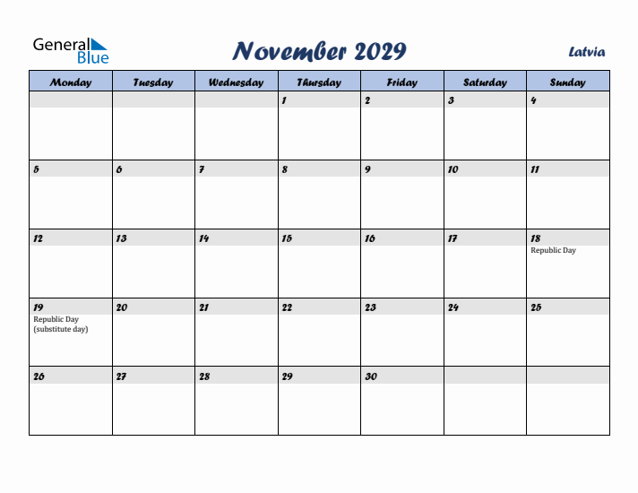 November 2029 Calendar with Holidays in Latvia