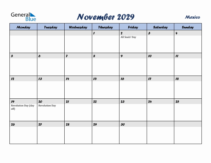 November 2029 Calendar with Holidays in Mexico