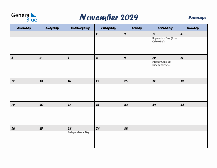 November 2029 Calendar with Holidays in Panama