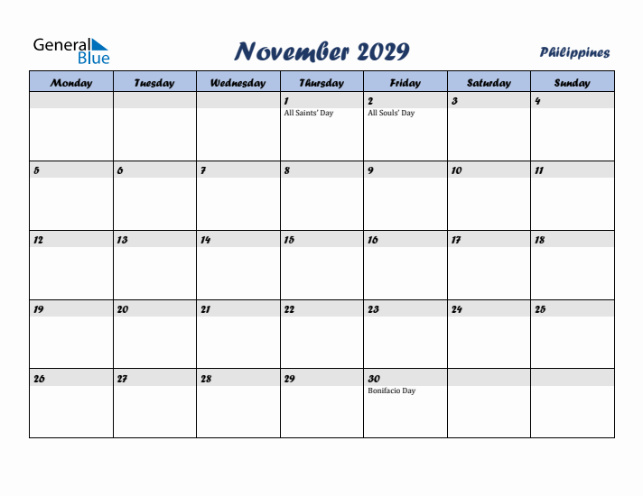 November 2029 Calendar with Holidays in Philippines