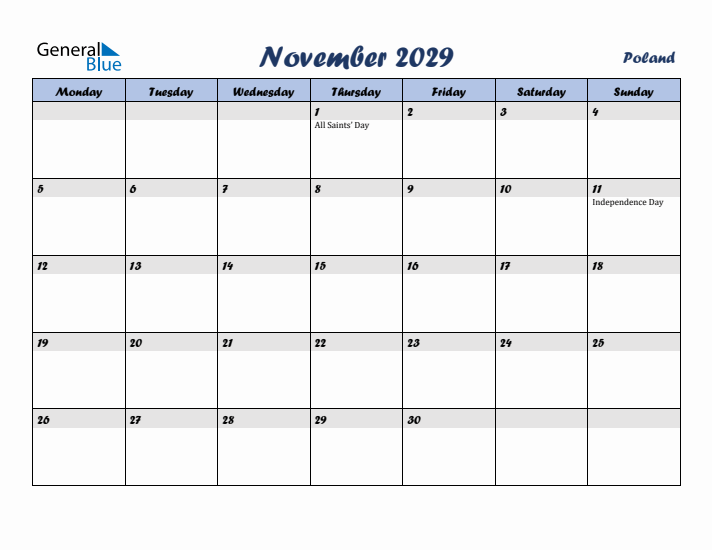 November 2029 Calendar with Holidays in Poland