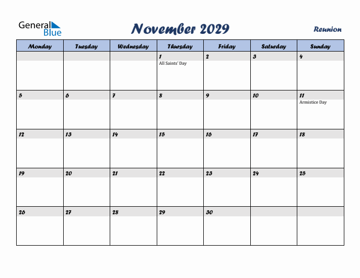 November 2029 Calendar with Holidays in Reunion