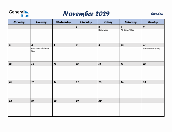 November 2029 Calendar with Holidays in Sweden