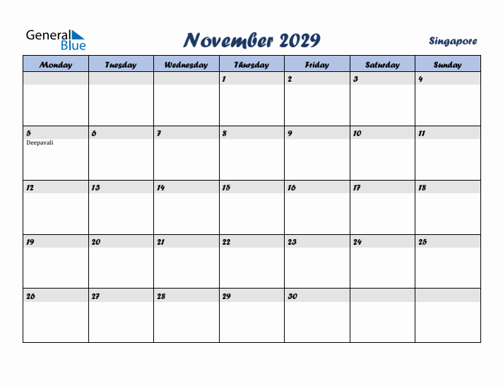 November 2029 Calendar with Holidays in Singapore