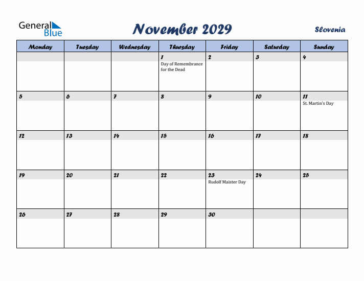 November 2029 Calendar with Holidays in Slovenia