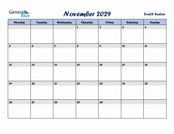 November 2029 Calendar with Holidays in South Sudan