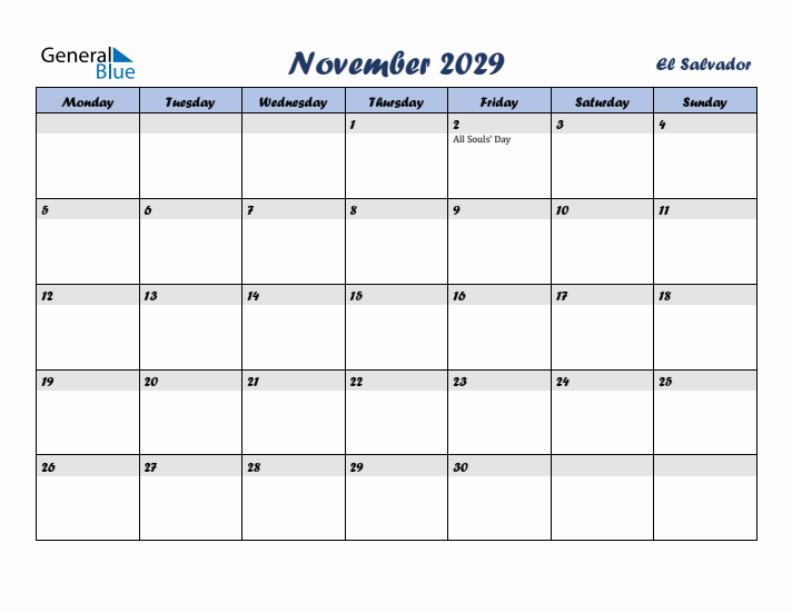 November 2029 Calendar with Holidays in El Salvador