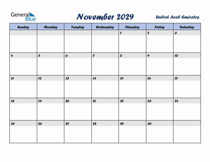 November 2029 Calendar with Holidays in United Arab Emirates