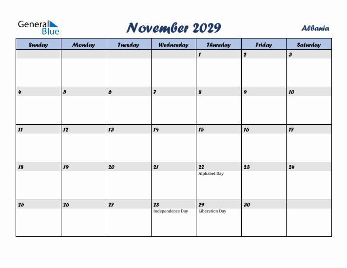 November 2029 Calendar with Holidays in Albania