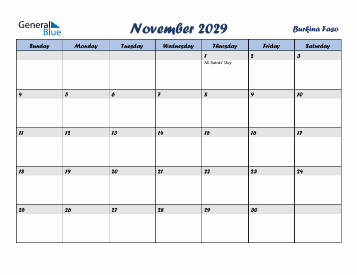 November 2029 Calendar with Holidays in Burkina Faso