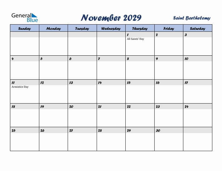 November 2029 Calendar with Holidays in Saint Barthelemy