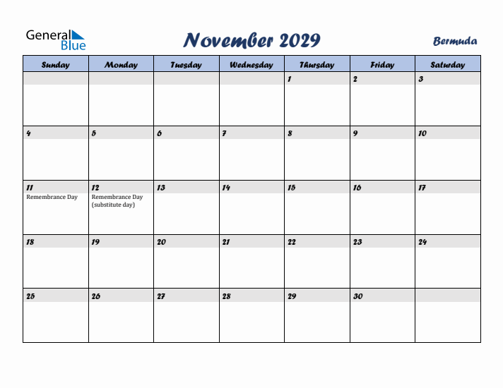 November 2029 Calendar with Holidays in Bermuda