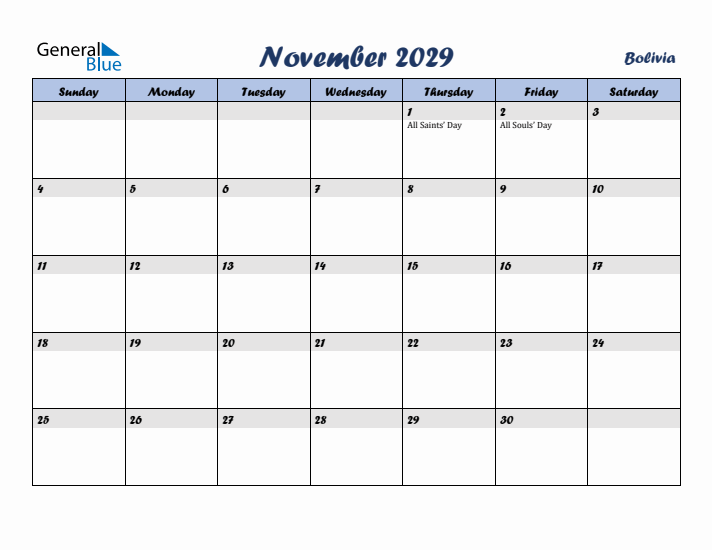 November 2029 Calendar with Holidays in Bolivia