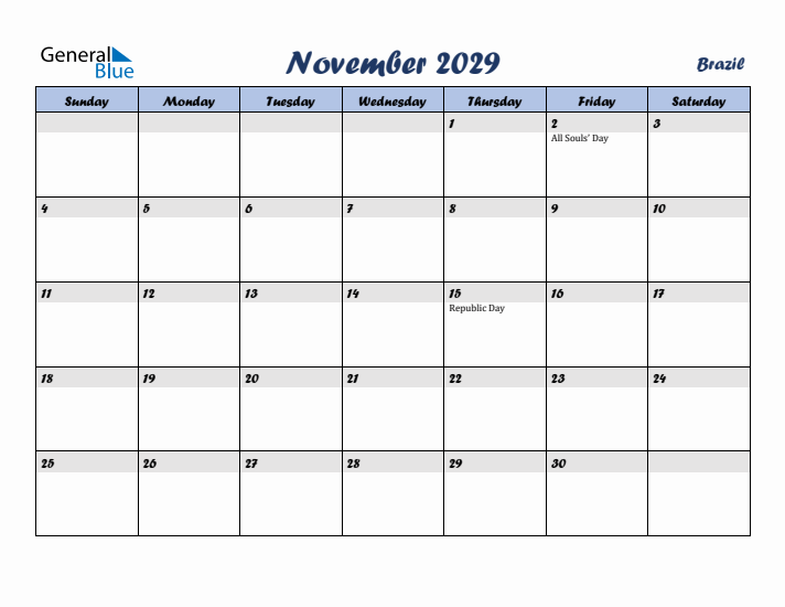 November 2029 Calendar with Holidays in Brazil