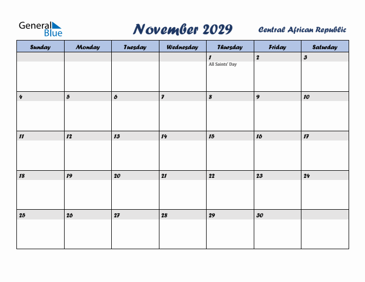 November 2029 Calendar with Holidays in Central African Republic
