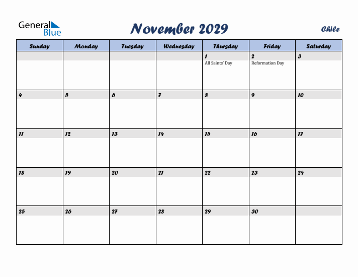 November 2029 Calendar with Holidays in Chile