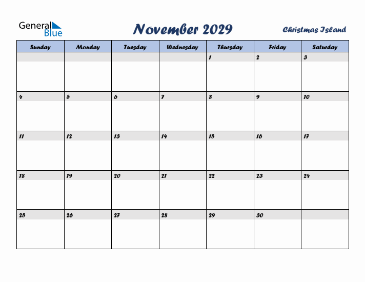 November 2029 Calendar with Holidays in Christmas Island
