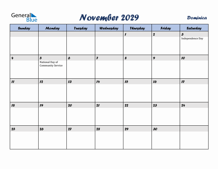 November 2029 Calendar with Holidays in Dominica