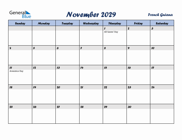 November 2029 Calendar with Holidays in French Guiana