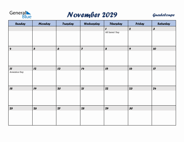 November 2029 Calendar with Holidays in Guadeloupe