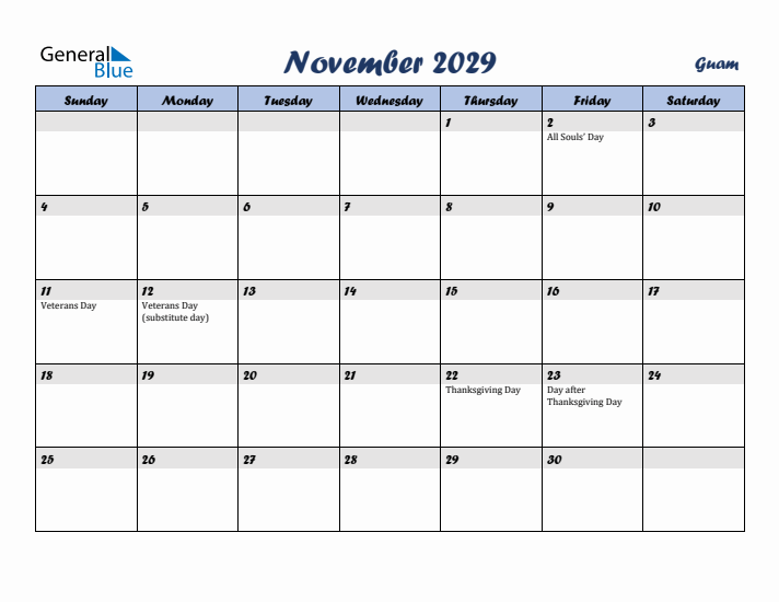 November 2029 Calendar with Holidays in Guam