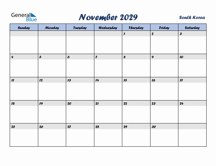 November 2029 Calendar with Holidays in South Korea