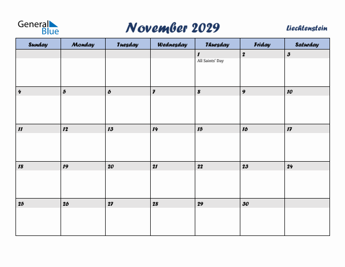 November 2029 Calendar with Holidays in Liechtenstein