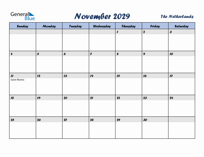 November 2029 Calendar with Holidays in The Netherlands