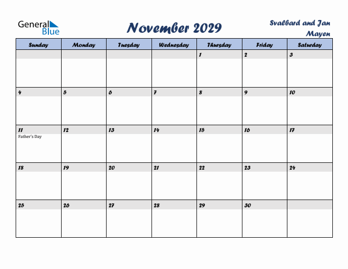 November 2029 Calendar with Holidays in Svalbard and Jan Mayen