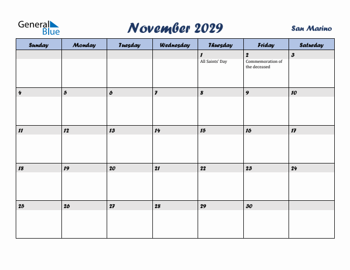 November 2029 Calendar with Holidays in San Marino