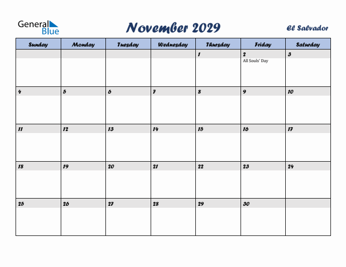November 2029 Calendar with Holidays in El Salvador