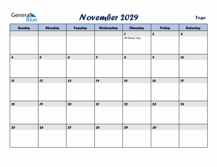 November 2029 Calendar with Holidays in Togo
