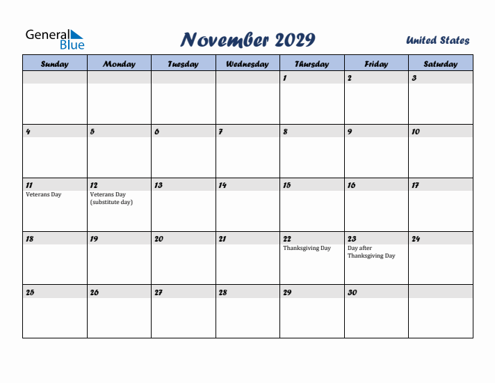 November 2029 Calendar with Holidays in United States