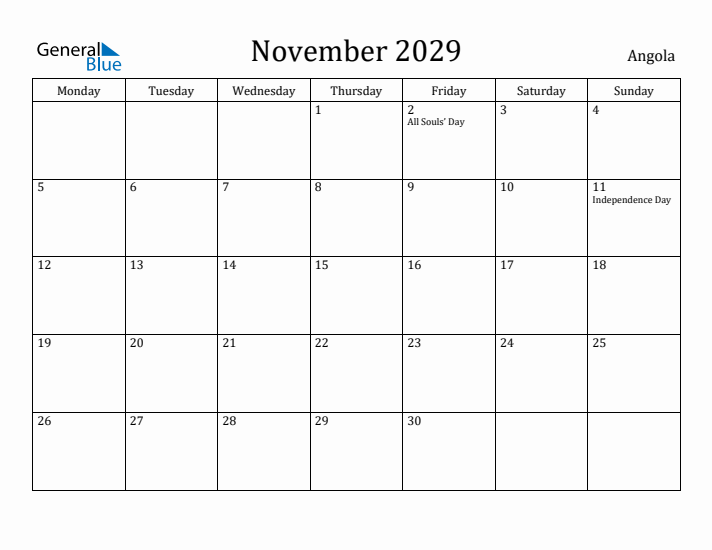 November 2029 Calendar Angola