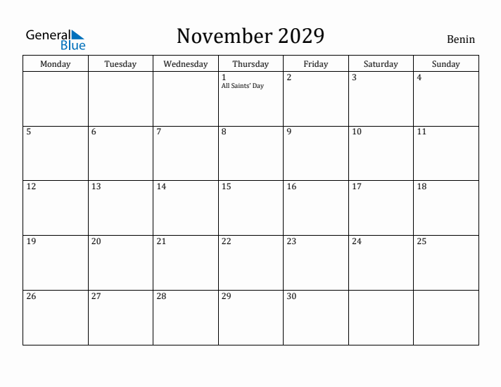November 2029 Calendar Benin