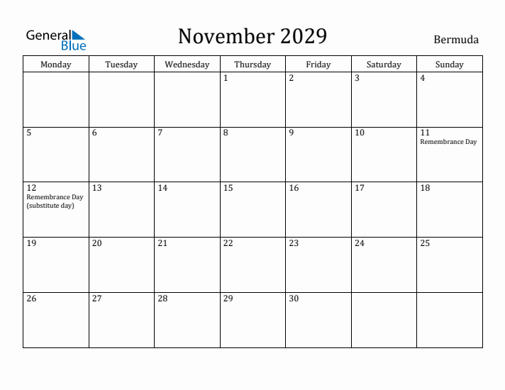 November 2029 Calendar Bermuda