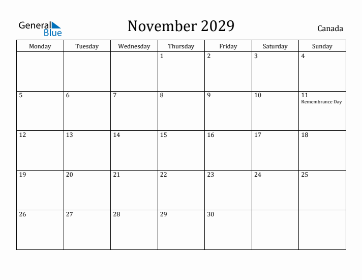 November 2029 Calendar Canada